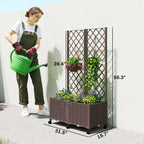 56.3" Self-Watering Planter Box with Trellis and Wheels, Brown
