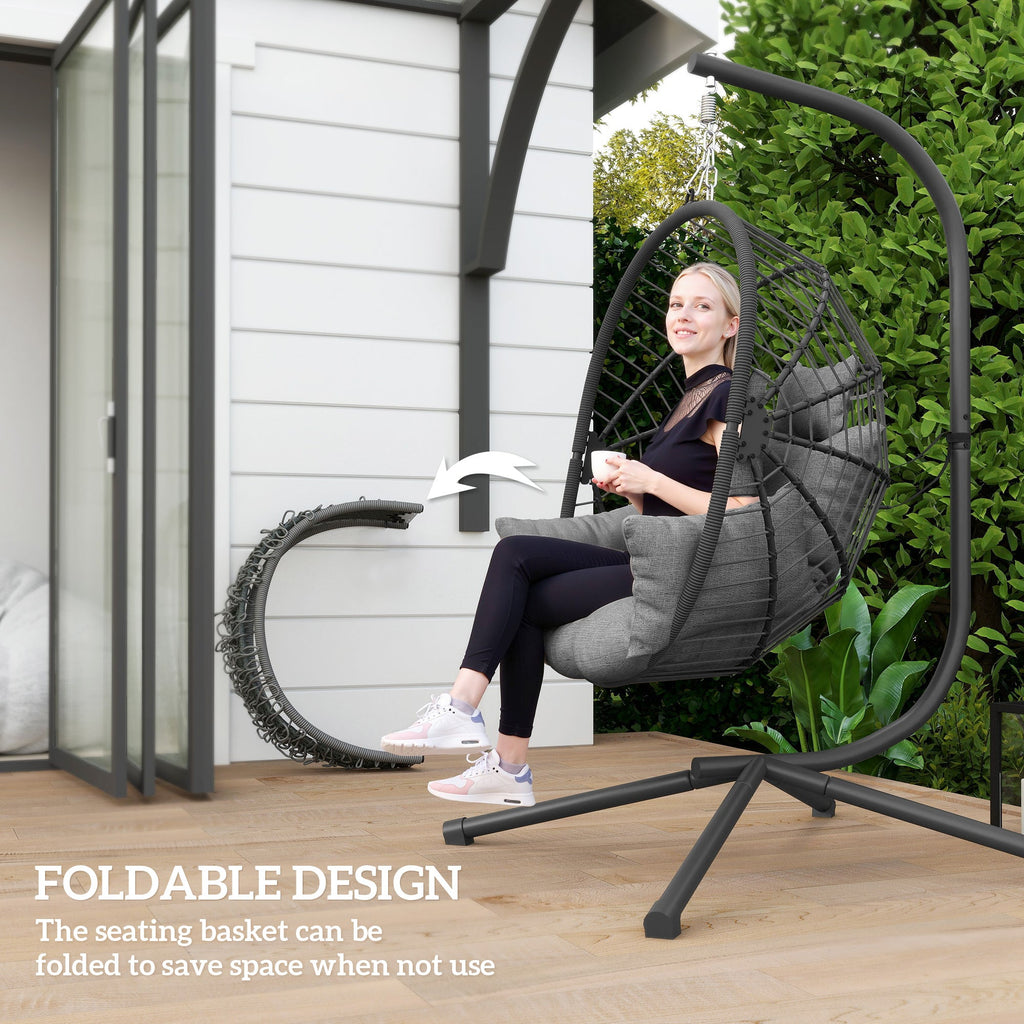 Hanging Egg Chair with Stand, Thick Cushion and Cup Holder, Grey