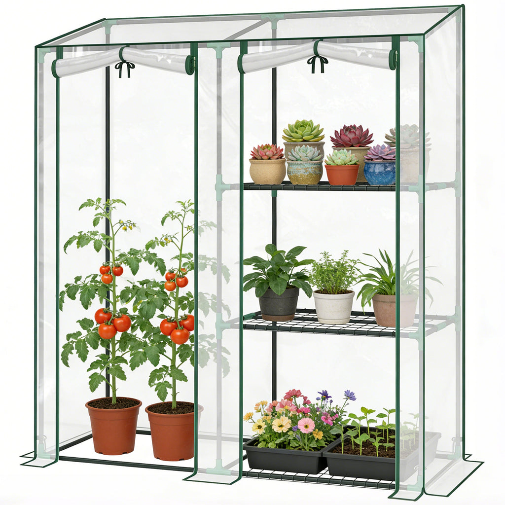 Mini Greenhouse with 3 Shelves and 2 Roll-up Doors, 56.3" x 17.7" x 59.4"