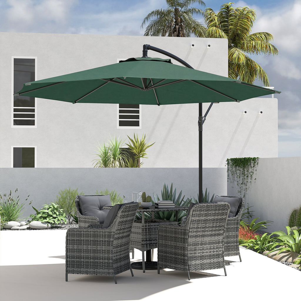 3 m Banana Parasol with Crank Handle, 8 Ribs & Cross Base, Dark Green
