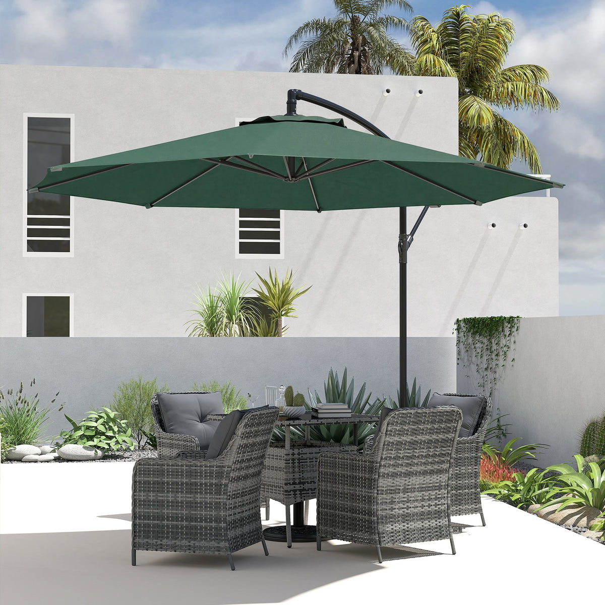 3 m Banana Parasol with Crank Handle, 8 Ribs & Cross Base, Dark Green