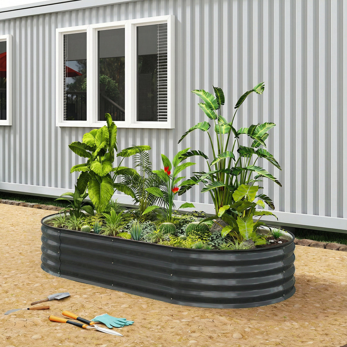 180 x 90 x 30 cm Galvanised Raised Garden Bed with Safety Edging, Dark Grey