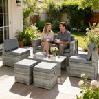 6 Piece Rattan Nesting Patio Set with Loveseat and Footstools, Dark Grey