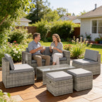 6 Piece Rattan Nesting Patio Set with Loveseat and Footstools, Dark Grey