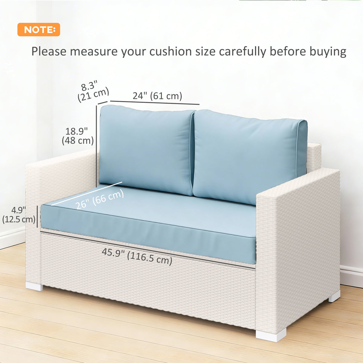 2 Seater Outdoor Seat Cushions with Backrest, Light Blue