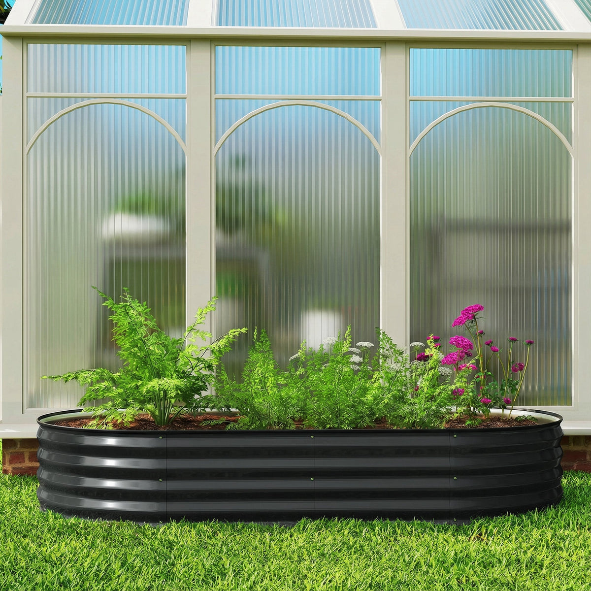 180 x 90 x 30 cm Galvanised Raised Garden Bed with Safety Edging, Dark Grey