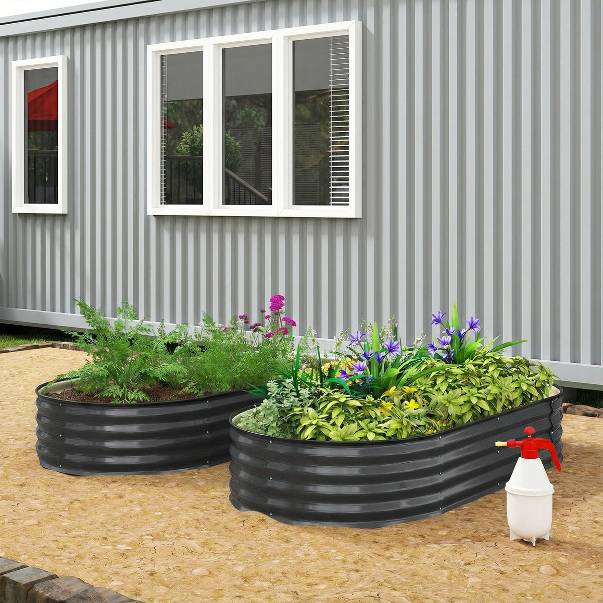 180 x 90 x 30 cm Galvanised Raised Garden Bed with Safety Edging, Dark Grey
