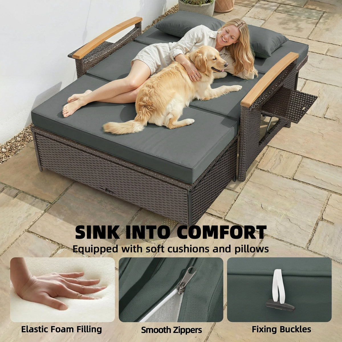 Rattan Daybed with Adjustable Backrest, Storage Ottoman, Mixed Gray