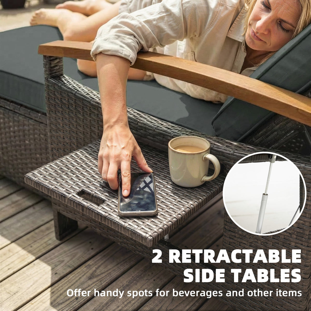 Rattan Daybed with Adjustable Backrest, Storage Ottoman, Mixed Gray
