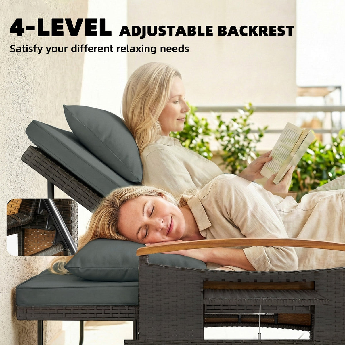 Rattan Daybed with Adjustable Backrest, Storage Ottoman, Mixed Gray