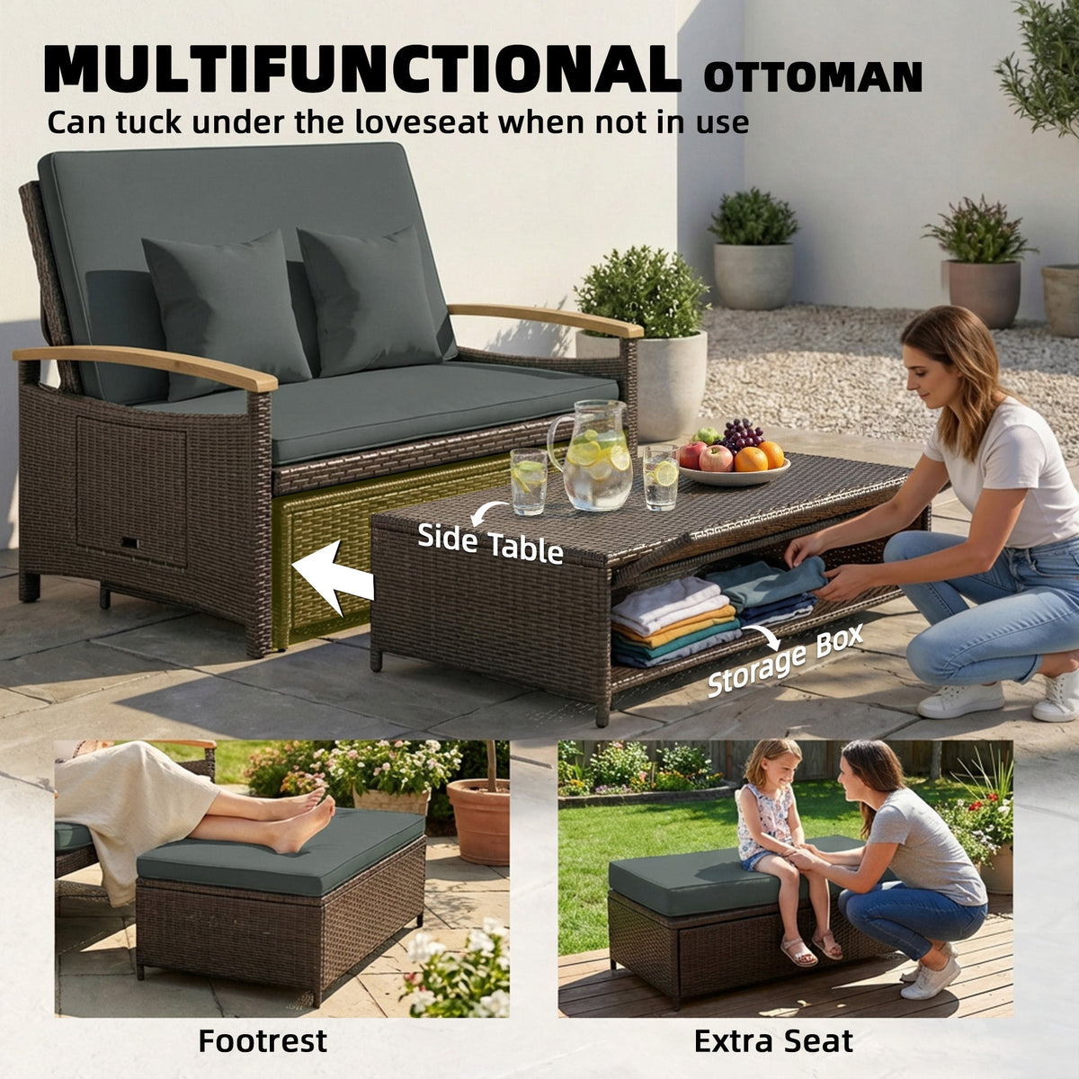 Rattan Daybed with Adjustable Backrest, Storage Ottoman, Mixed Gray