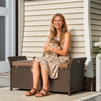 2-in-1 Patio Wicker Storage Bench, 29 Gallon with Cushion, Tan