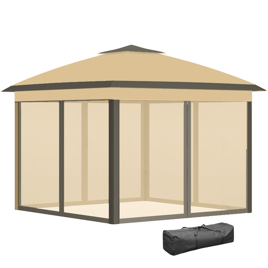 11' x 11' Pop Up Canopy with Double Roof and Mesh Sidewalls, Beige