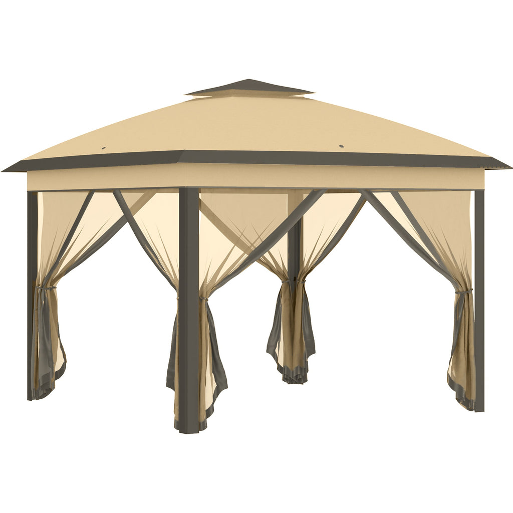 11' x 11' Pop Up Canopy with Double Roof and Mesh Sidewalls, Beige