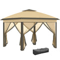 11' x 11' Pop Up Canopy with Double Roof and Mesh Sidewalls, Beige