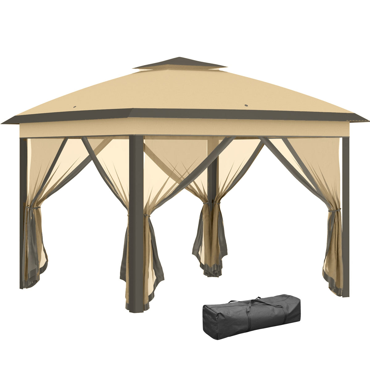 11' x 11' Pop Up Canopy with Double Roof and Mesh Sidewalls, Beige