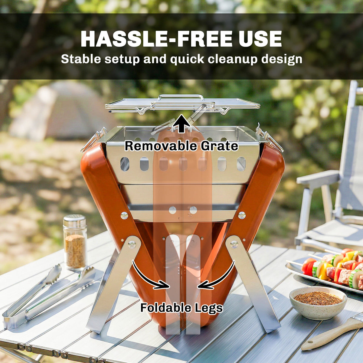 Folding Portable Charcoal BBQ Grill with Handle and Foldable Legs, Orange