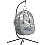 Hanging Egg Chair, Rattan with Stand, Safety Strap & Foldable Basket, Dark Grey