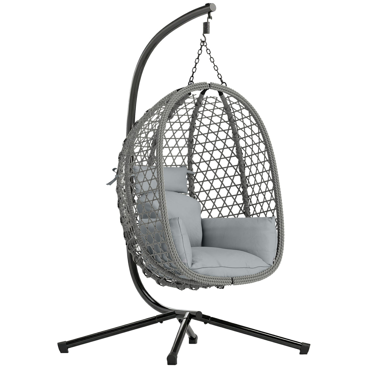 Hanging Egg Chair, Rattan with Stand, Safety Strap & Foldable Basket, Dark Grey