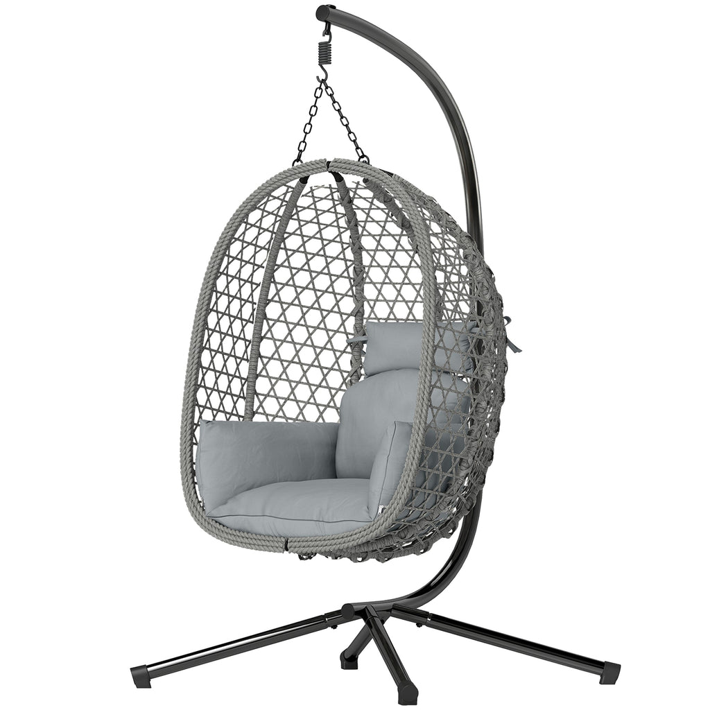 Hanging Egg Chair, Rattan with Stand, Safety Strap & Foldable Basket, Dark Grey