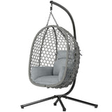 Hanging Egg Chair, Rattan with Stand, Safety Strap & Foldable Basket, Dark Grey