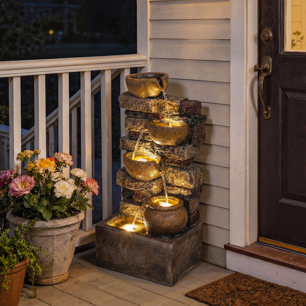 28" 5-Tier Outdoor Fountain with LED Lights and Adjustable Flow, Rustic Brown