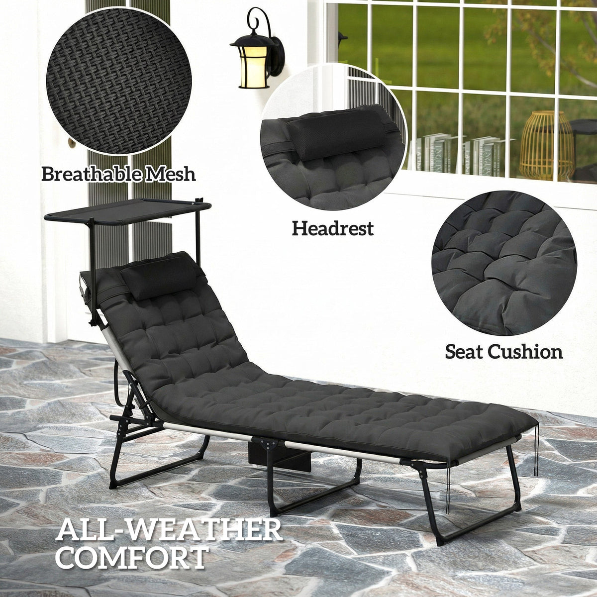 Folding Chaise Lounge Chair with Cushion, Sun Shade and Headrest, Dark Grey