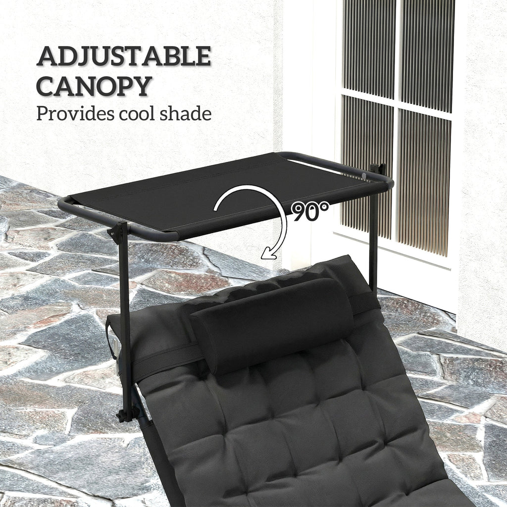 Folding Chaise Lounge Chair with Cushion, Sun Shade and Headrest, Dark Grey