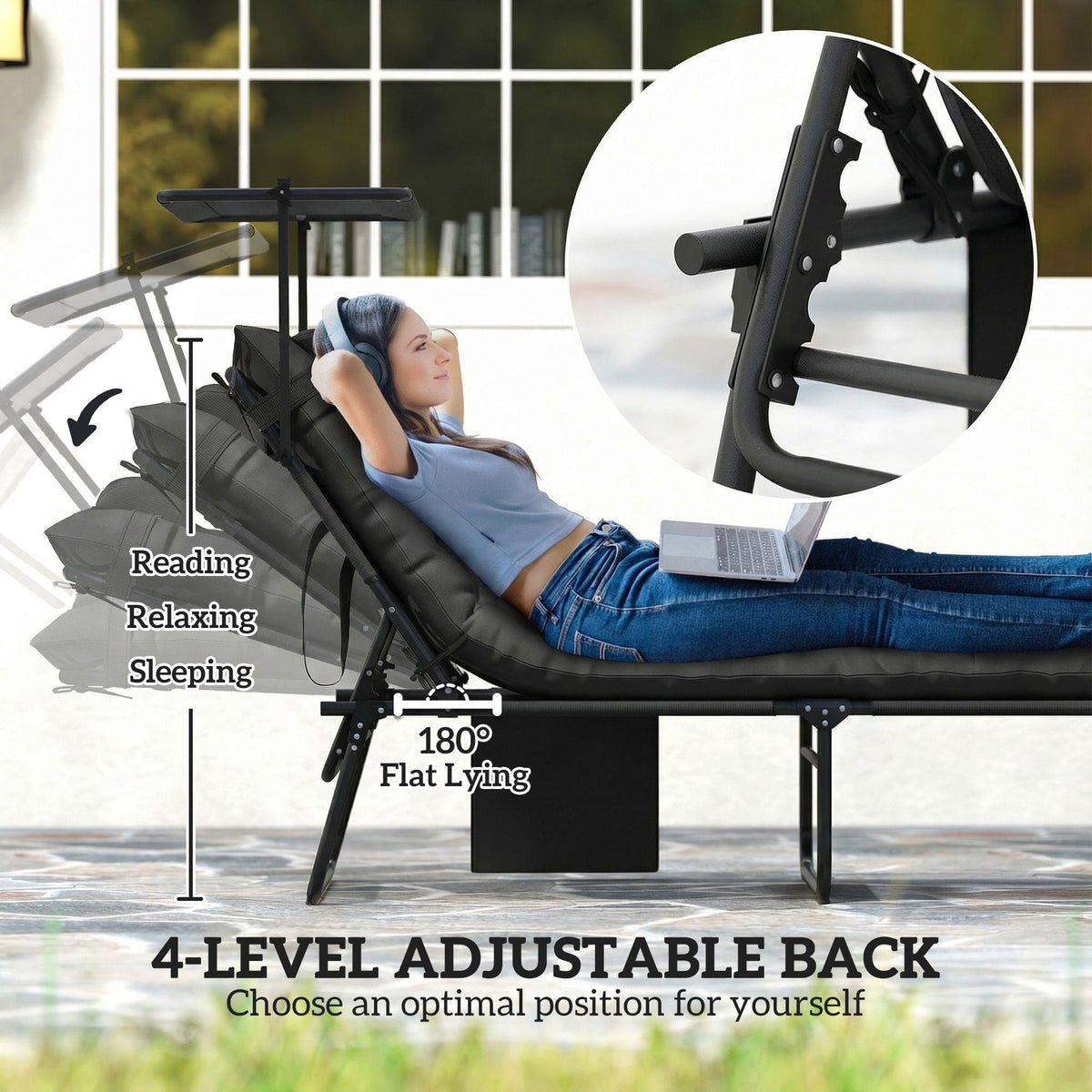 Folding Chaise Lounge Chair with Cushion, Sun Shade and Headrest, Dark Grey