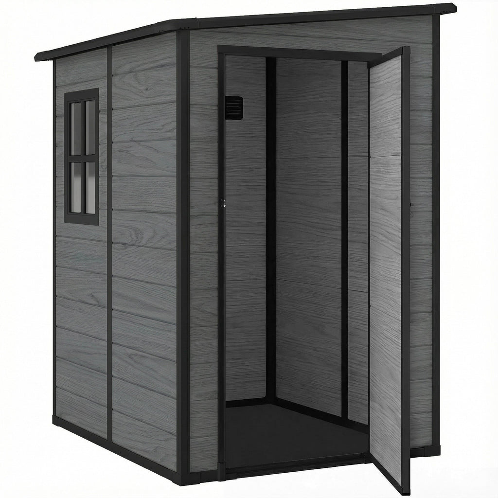 4 x 5FT Plastic Lean-to Garden Shed with Floor, Wood-Effect