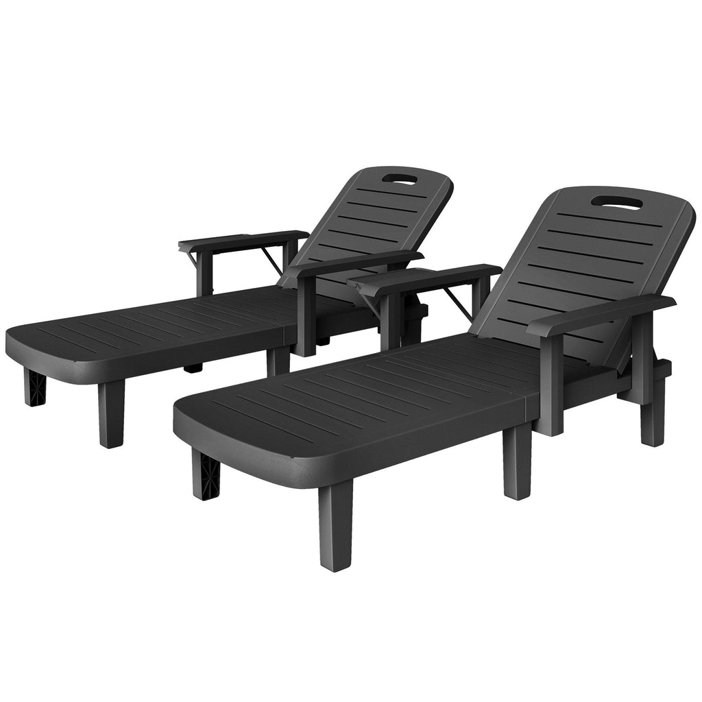 Set of 2 Resin Sun Loungers with Foldable Side Table, Black