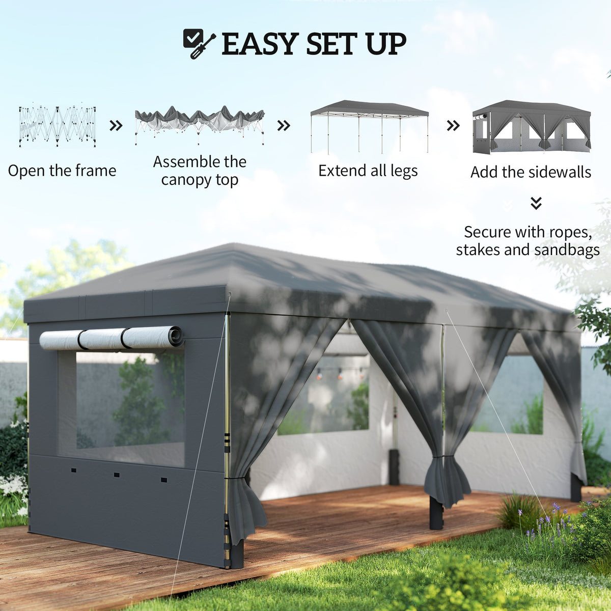 3 x 6 m Pop Up Gazebo with 6 Sidewalls, Wheeled Bag & Sandbags, Dark Grey