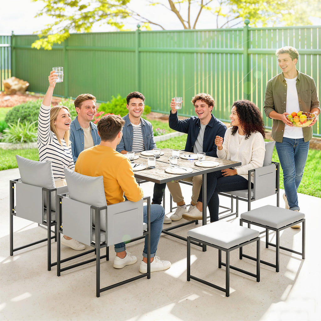 9 Piece Cube Garden Dining Set with 8 Seats, 4 Stools & Cushions, Dark Grey