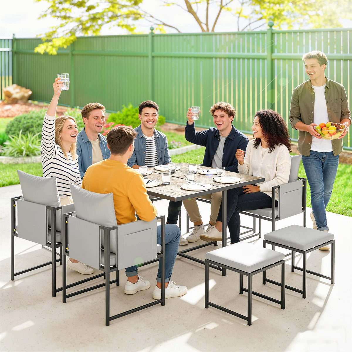 9 Piece Cube Garden Dining Set with 8 Seats, 4 Stools & Cushions, Dark Grey