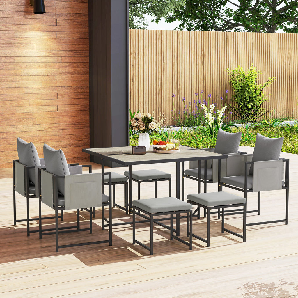 9 Piece Cube Garden Dining Set with 8 Seats, 4 Stools & Cushions, Dark Grey
