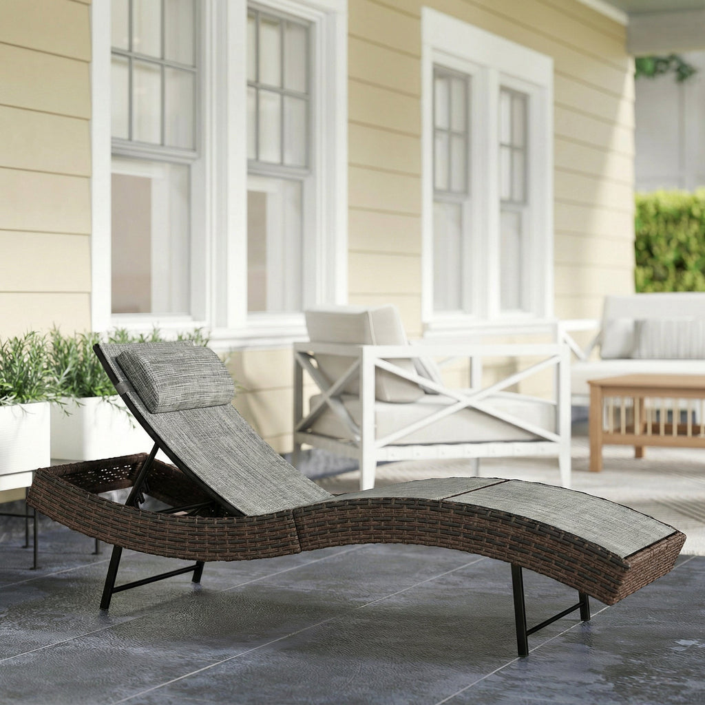 Rattan Sun Lounger with S-Shaped Seat and 5-Position Backrest, Brown