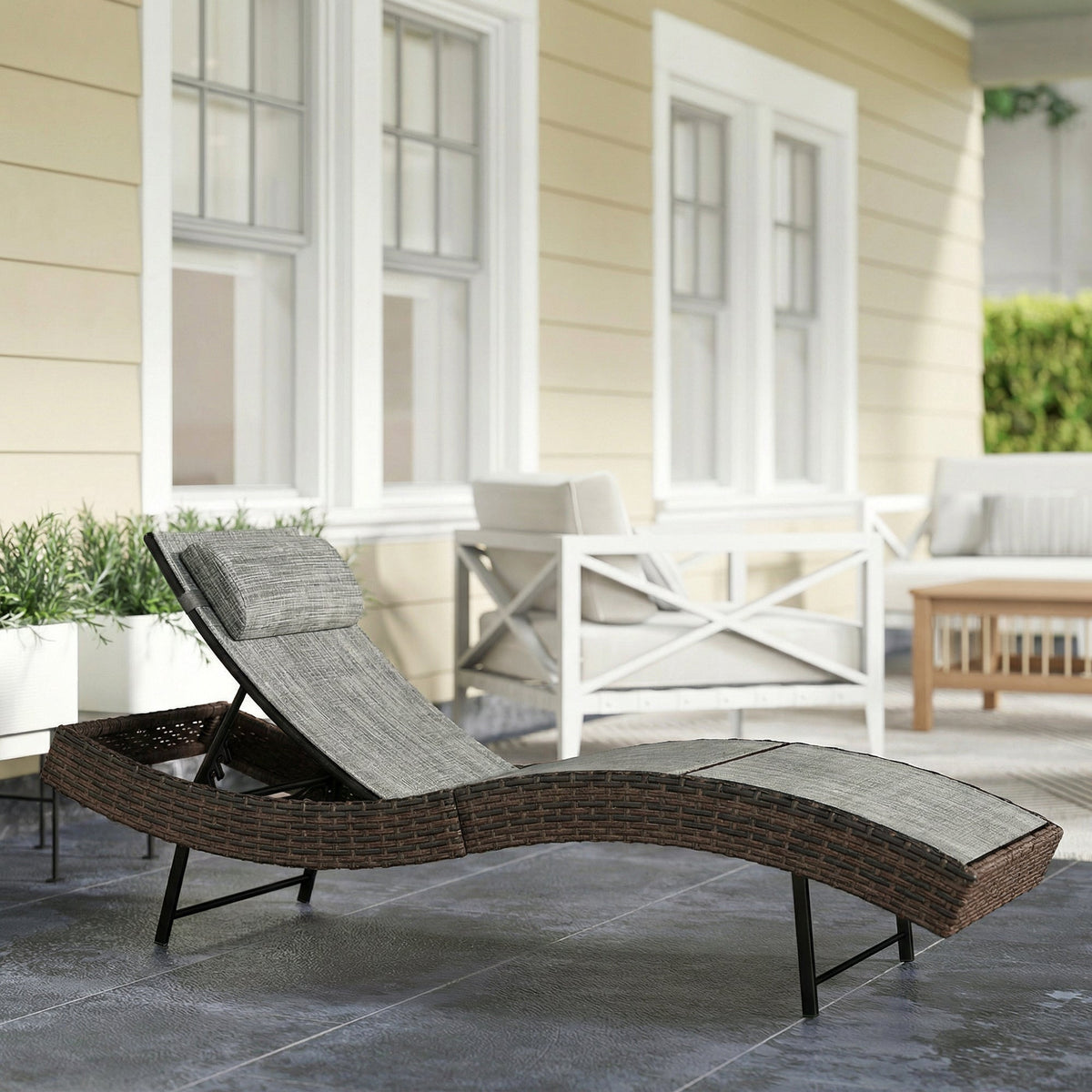 Rattan Sun Lounger with S-Shaped Seat and 5-Position Backrest, Brown