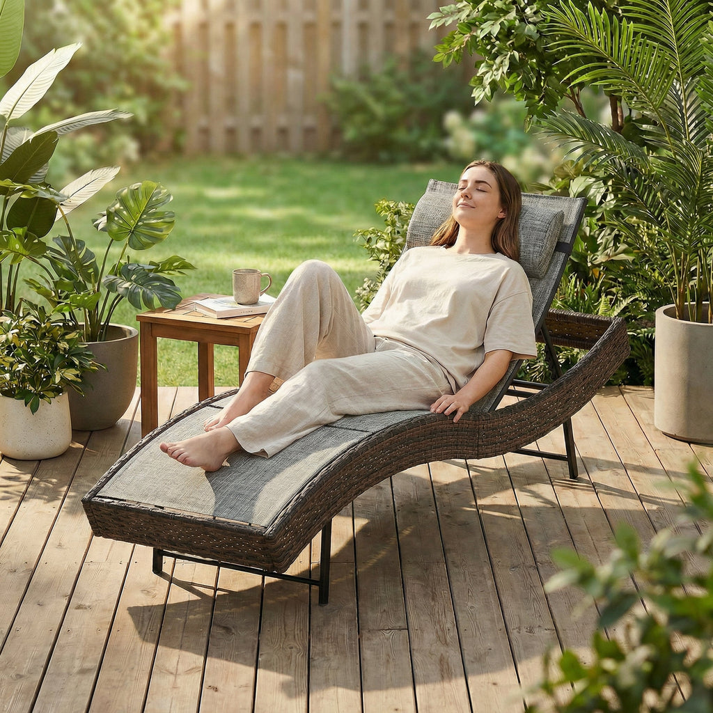 Rattan Sun Lounger with S-Shaped Seat and 5-Position Backrest, Brown