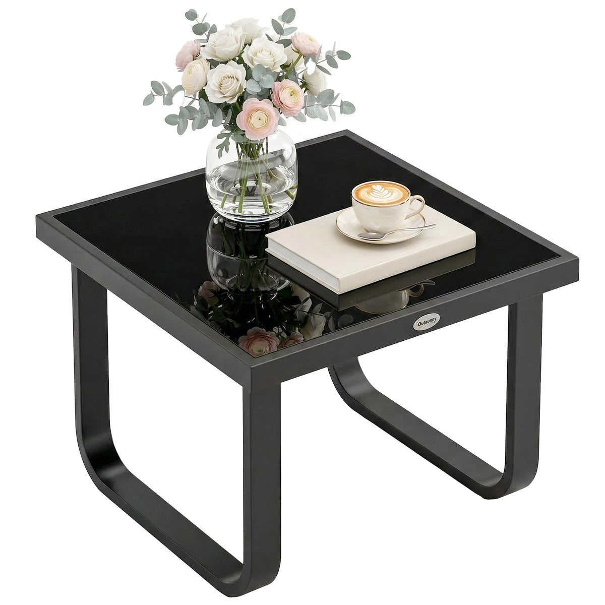 Metal Side Table with Tempered Glass Top & Adjustable Feet, 45x45x33 cm, Black