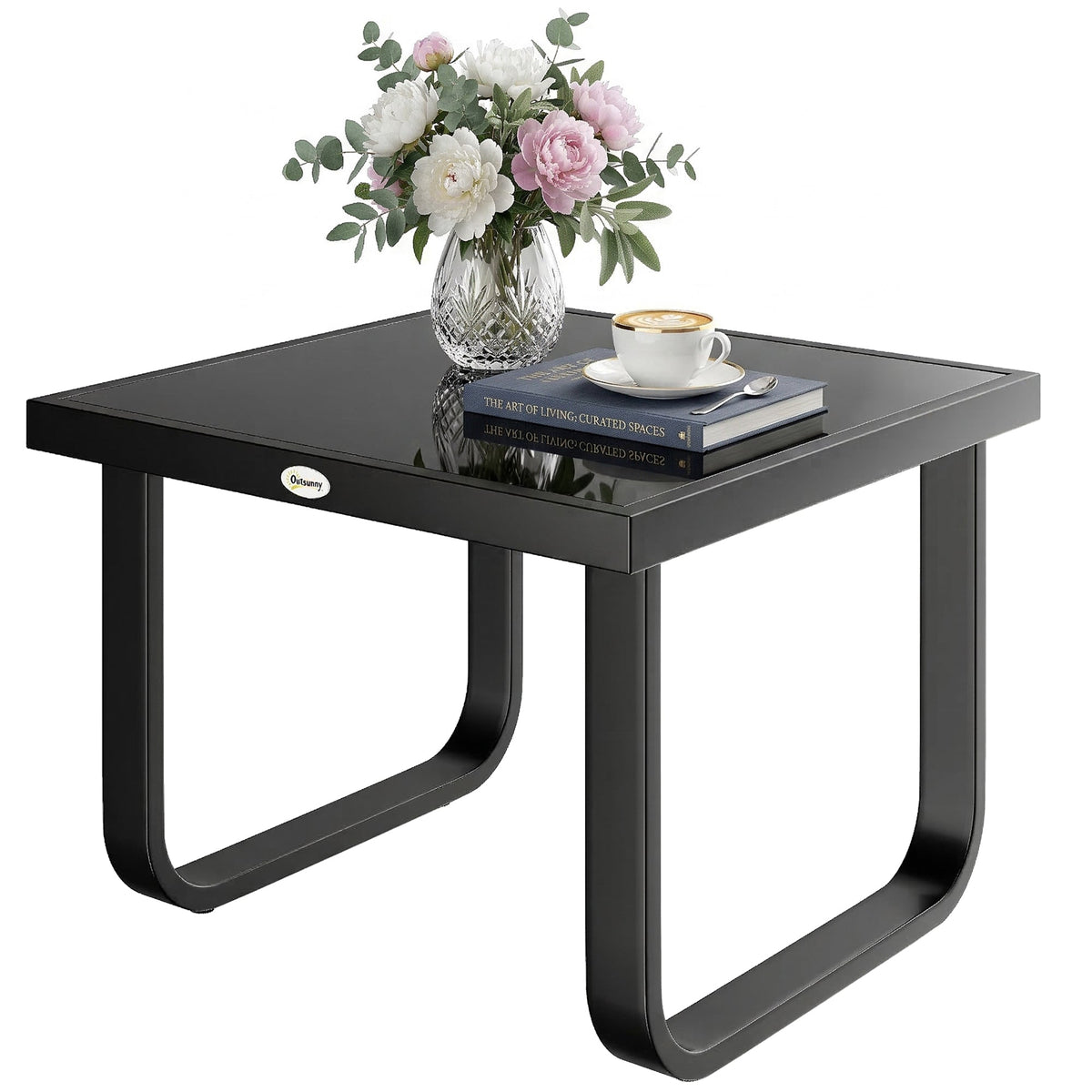 Metal Side Table with Tempered Glass Top & Adjustable Feet, 45x45x33 cm, Black