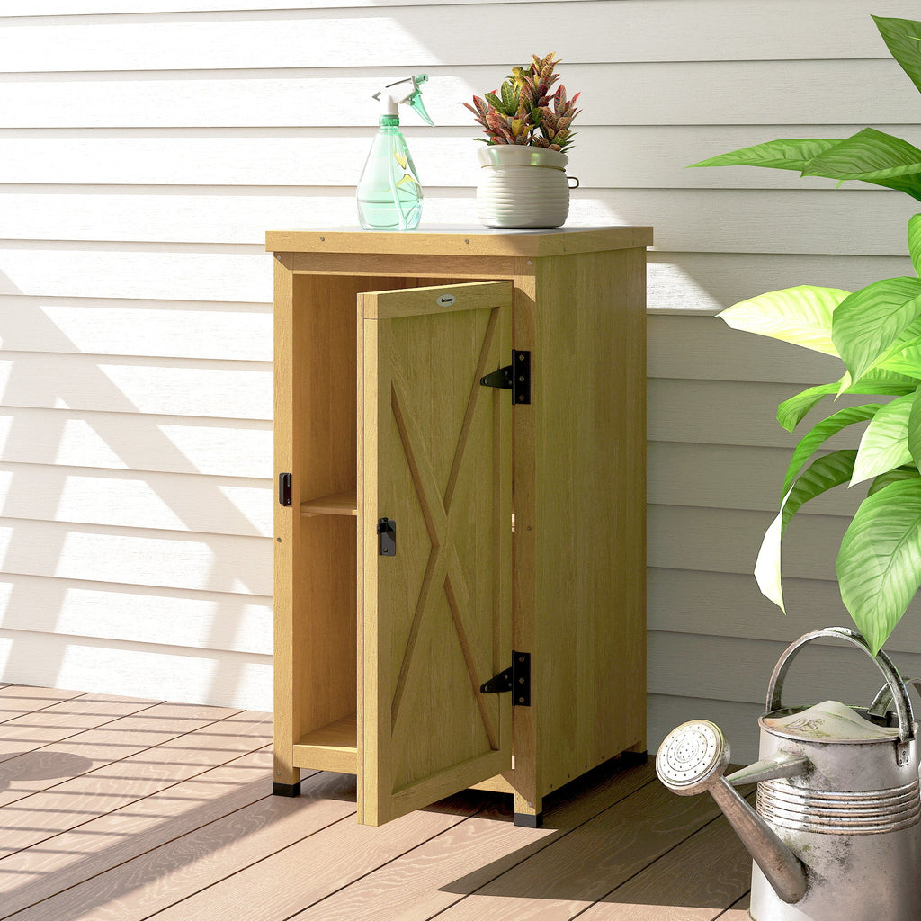 Wooden Garden Shed with Galvanised Top, Shelf and Door, Light Brown