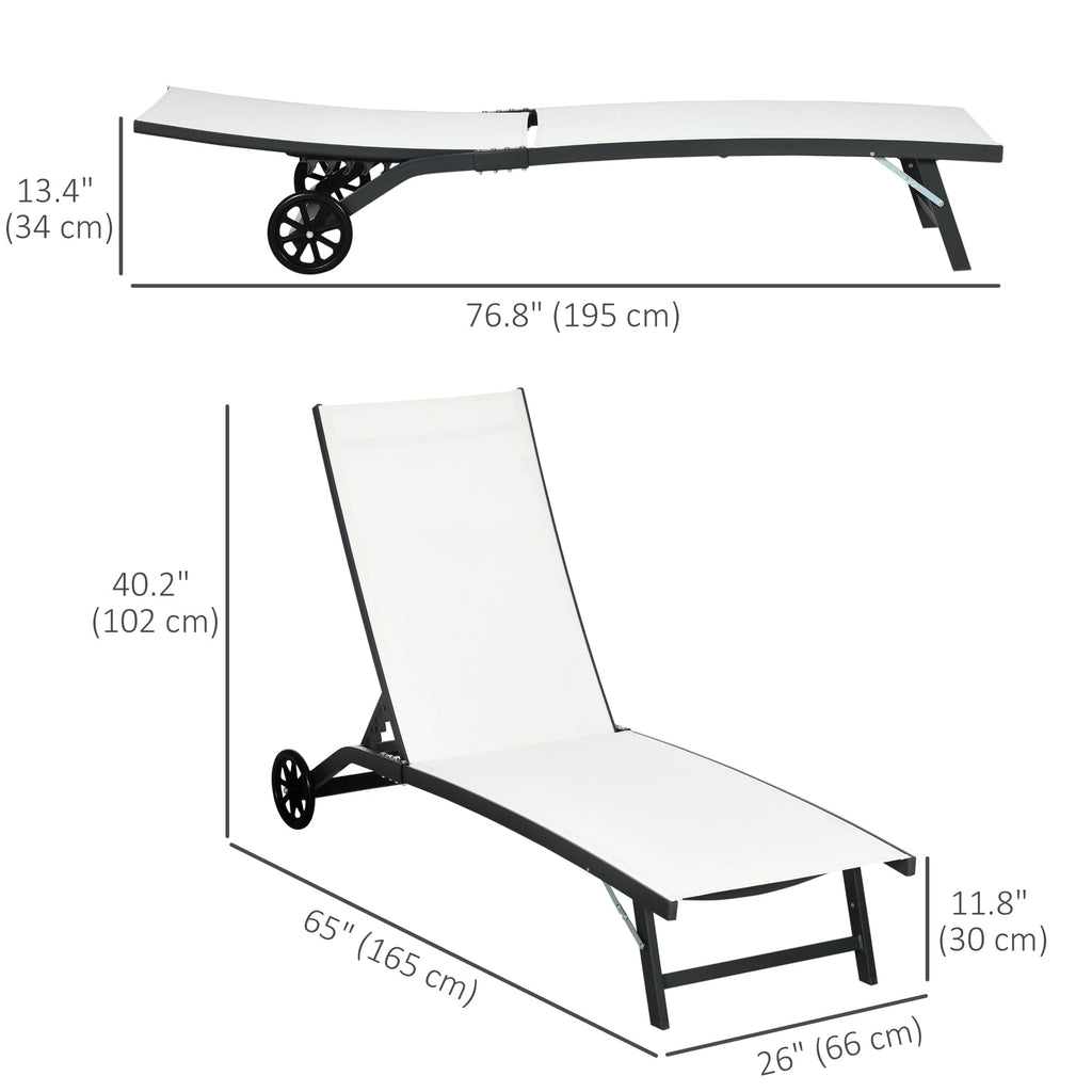 Set of 2 Outdoor Lounge Chairs with Wheels and Mesh Seat, Cream White