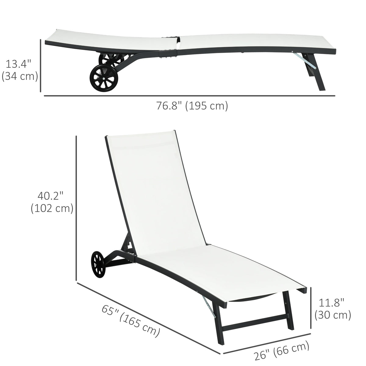 Set of 2 Outdoor Lounge Chairs with Wheels and Mesh Seat, Cream White
