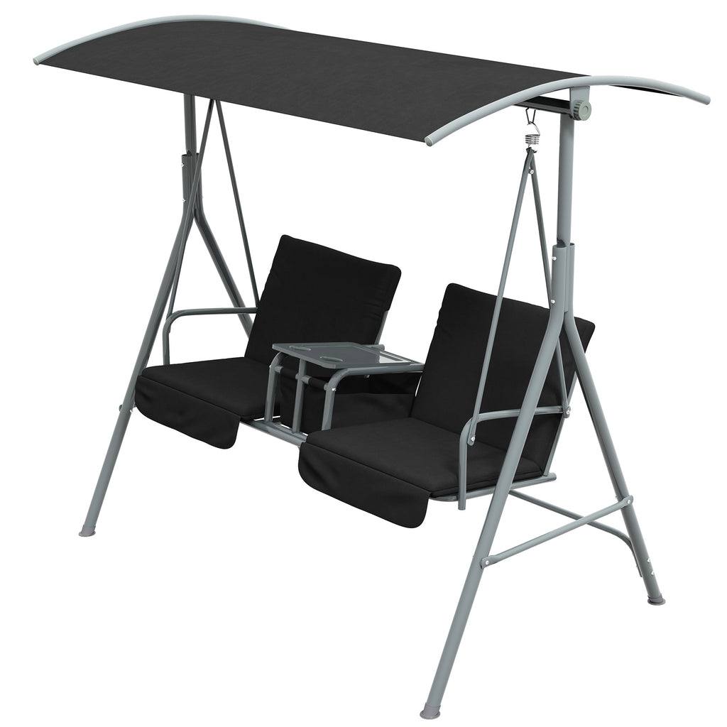 2 Person Porch Swing with Adjustable Canopy, Table and Storage Bag, Black