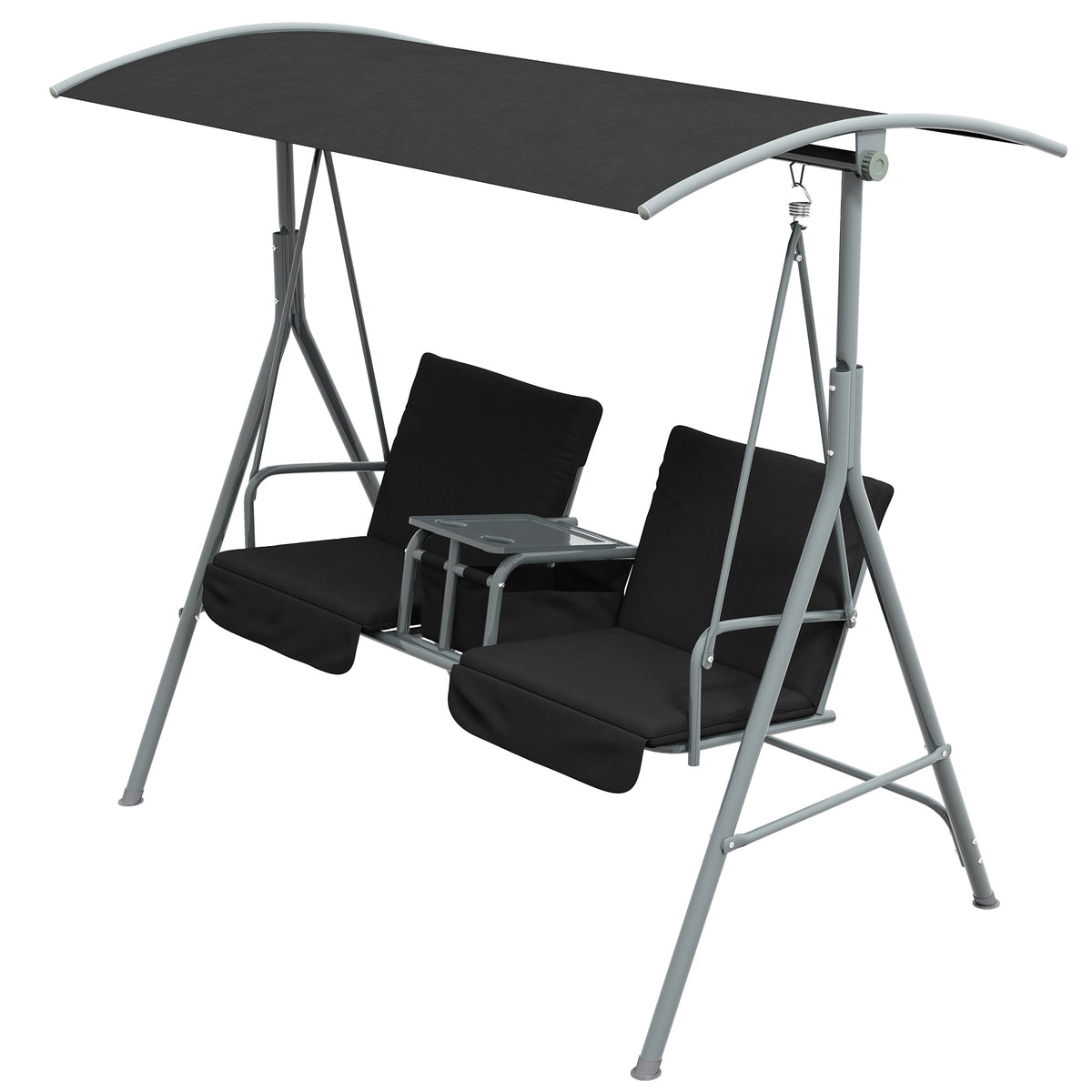 2 Person Porch Swing with Adjustable Canopy, Table and Storage Bag, Black