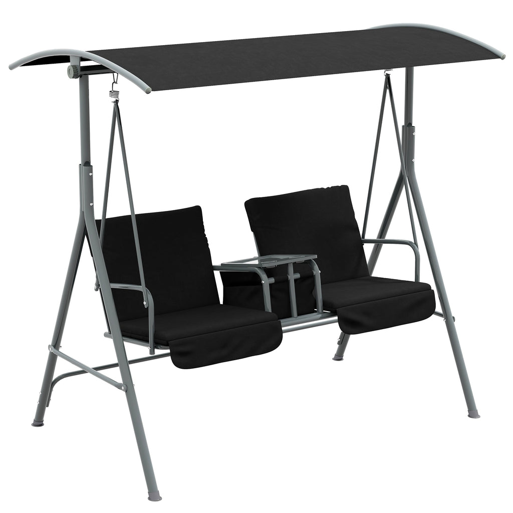 2 Person Porch Swing with Adjustable Canopy, Table and Storage Bag, Black