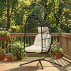 Hanging Egg Chair with Stand, Foldable Basket & Thick Cushion, Adjustable Height