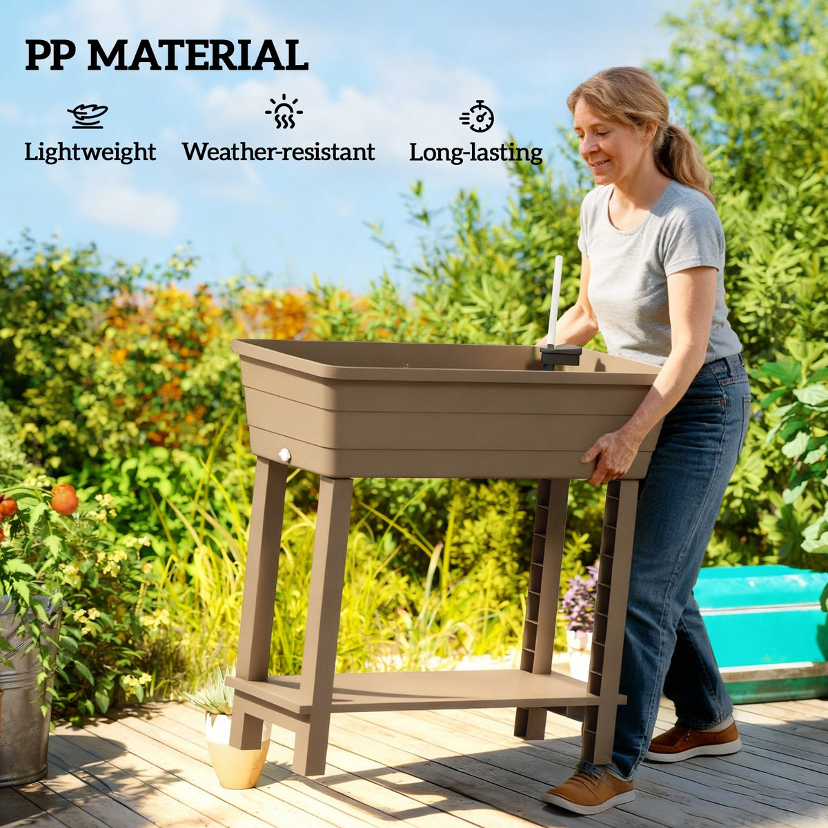 41L Self-Watering Raised Garden Bed with Lid and Shelf, Brown