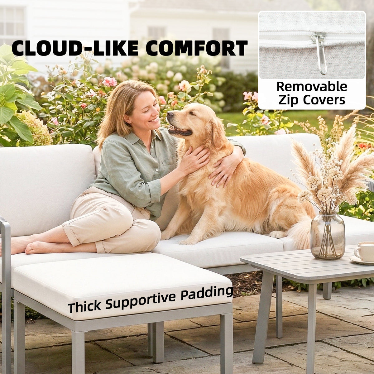 3 Piece Garden Furniture Set with Sofa, Footstool and Coffee Table, Grey