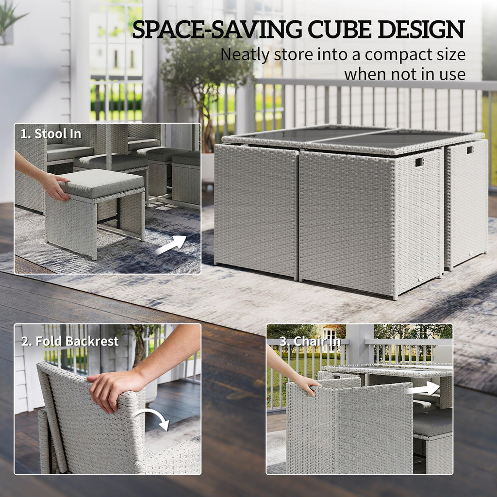 8 Seater Rattan Cube Garden Dining Set with Cushions, Light Grey